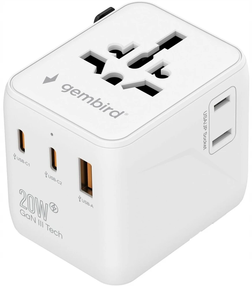 „Gembird“ universalus kelioninis maitinimo adapteris | TPA-1A2C20-01-W | 20 W | Kelionių adapteris