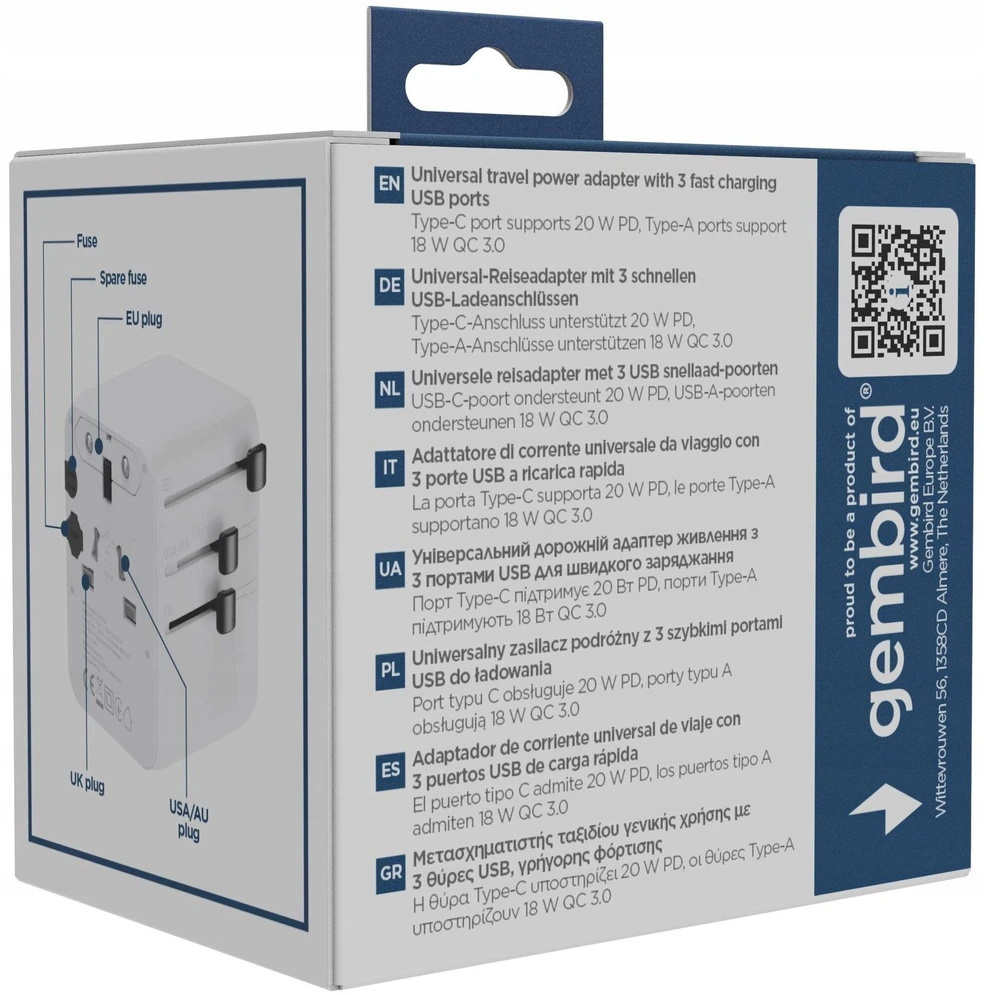 „Gembird“ universalus kelioninis maitinimo adapteris | TPA-1A2C20-01-W | 20 W | Kelionių adapteris