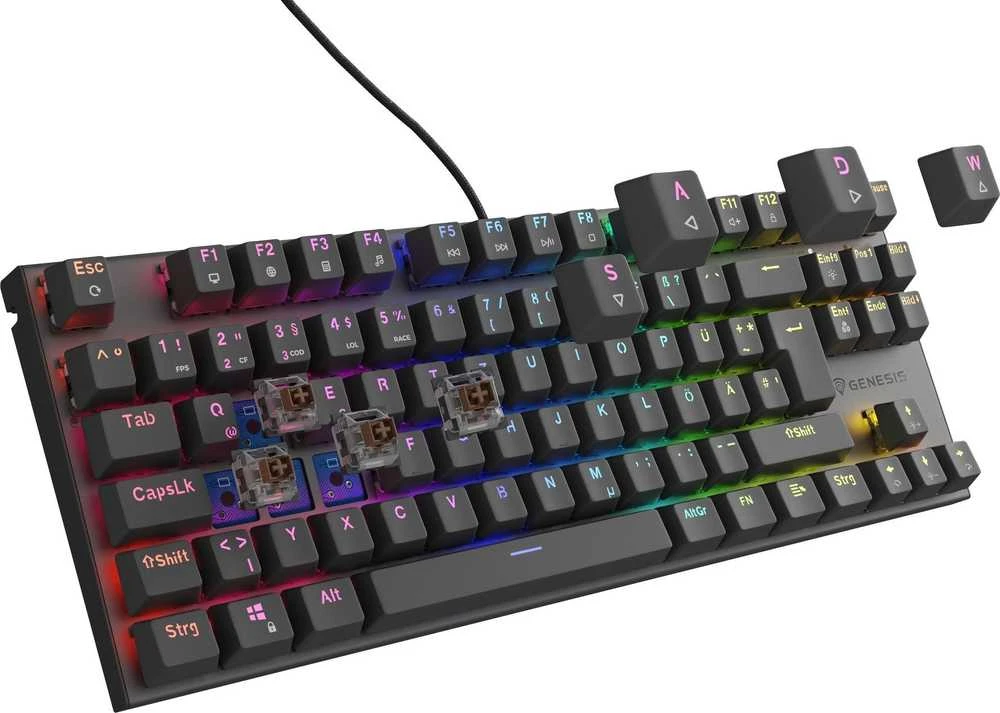 Klaviatūra žaidimams GENESIS THOR 303 TKL DE su pašvietimu RGB mechaninė BROWN Juoda HOT SWAP