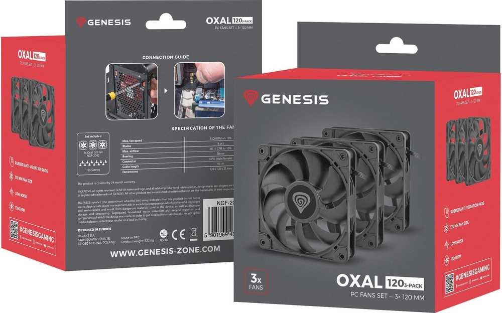 „Genesis Irid 505 V2 MIDI TOWER“ dėklas (NPC-1517) + „Oxal 120“ ventiliatorių juodas 3 pakuotės (NGF-2043)