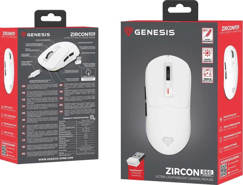 Genesis | Pelė žaidimams | Zircon 660 | su laidu/Wireless | 2.4 GHz, Bluetooth, USB | Baltas