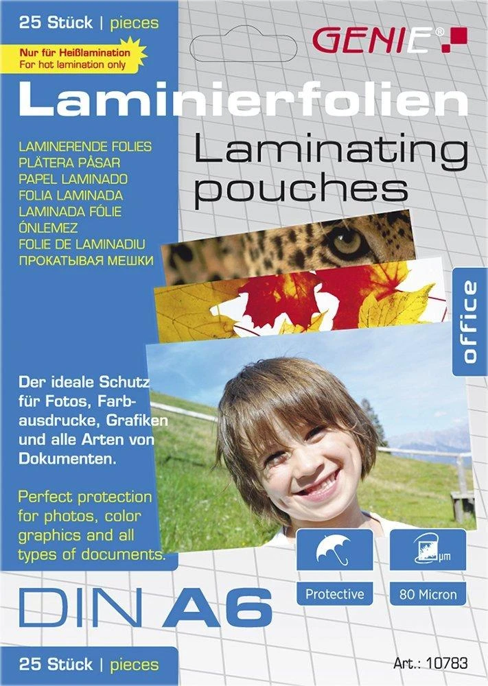 „Genie“ laminavimo plėvelė, 25 colių, A6 formato, laminavimo vokeliai