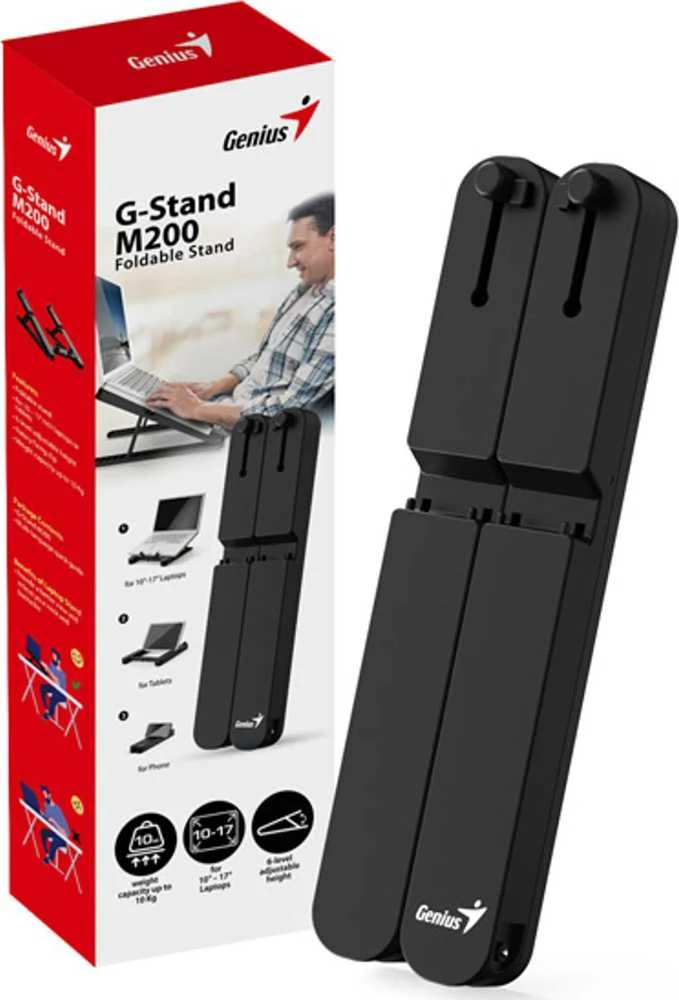 GENIUS stovas nešiojamam kompiuteriui G-Stand M200, planšetei ir telefonui, 10-17", 6 padėtys, sulankstomas, juodas