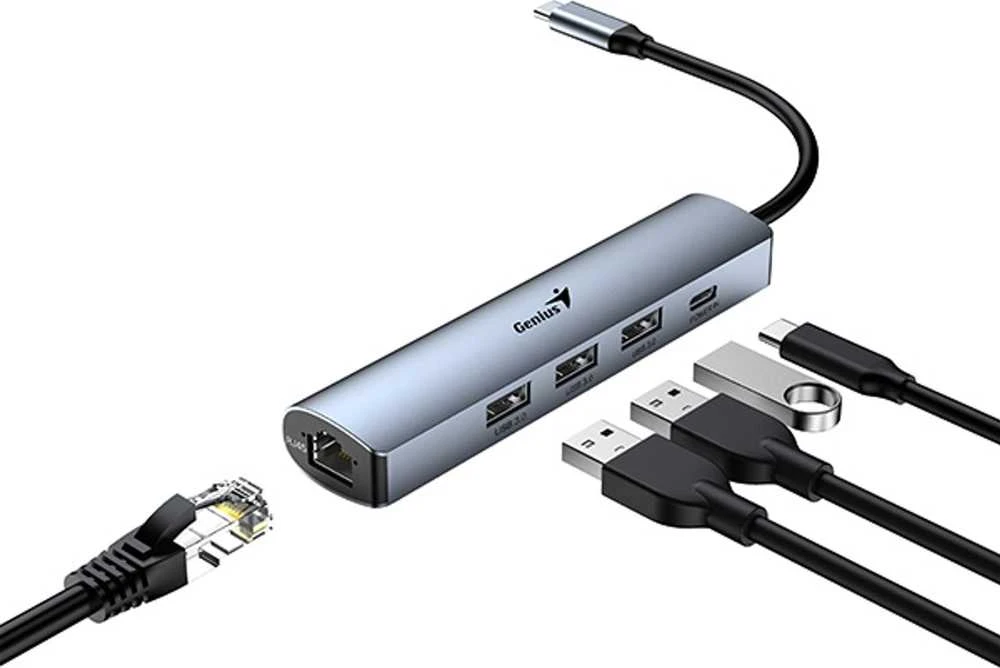 USB (3.0) hub 4-port, UH-545, pilka, Genius, 3x USB 3.0, 1x RJ45
