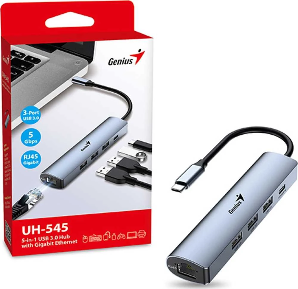 USB (3.0) hub 4-port, UH-545, pilka, Genius, 3x USB 3.0, 1x RJ45