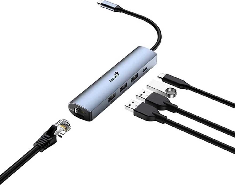 USB (3.0) hub 4-port, UH-545, pilka, Genius, 3x USB 3.0, 1x RJ45