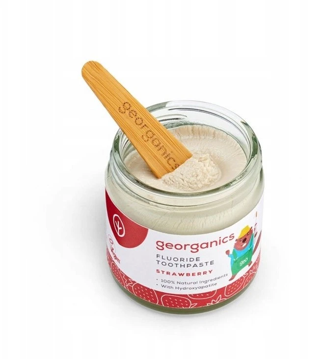 Georganics, natūrali dantų pasta stiklainėlyje, vaikams, su fluoru, kasdieninei priežiūrai, braškių skonio, 3+, 60 ml