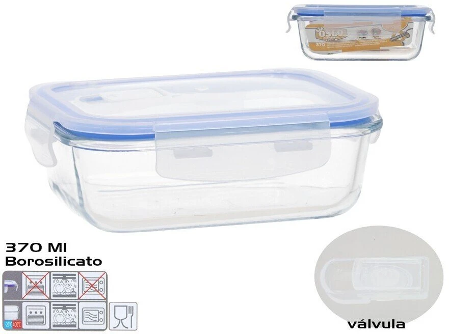 Borosilikatinė pietų dėžutė su vožtuvu 370 ml, stačiakampė, 5,5 x 15,5 x 11,5 cm, KITCHEN&GO