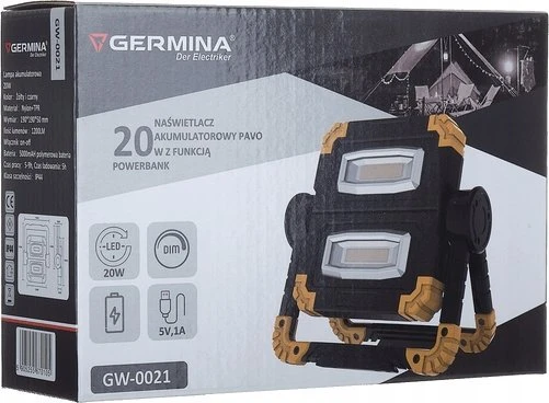 Germina LED darbinė lempa su įkrovimu ir powerbank, 20 W, 1200 lm, 6000 K, IP44, Pavo, GERMINA