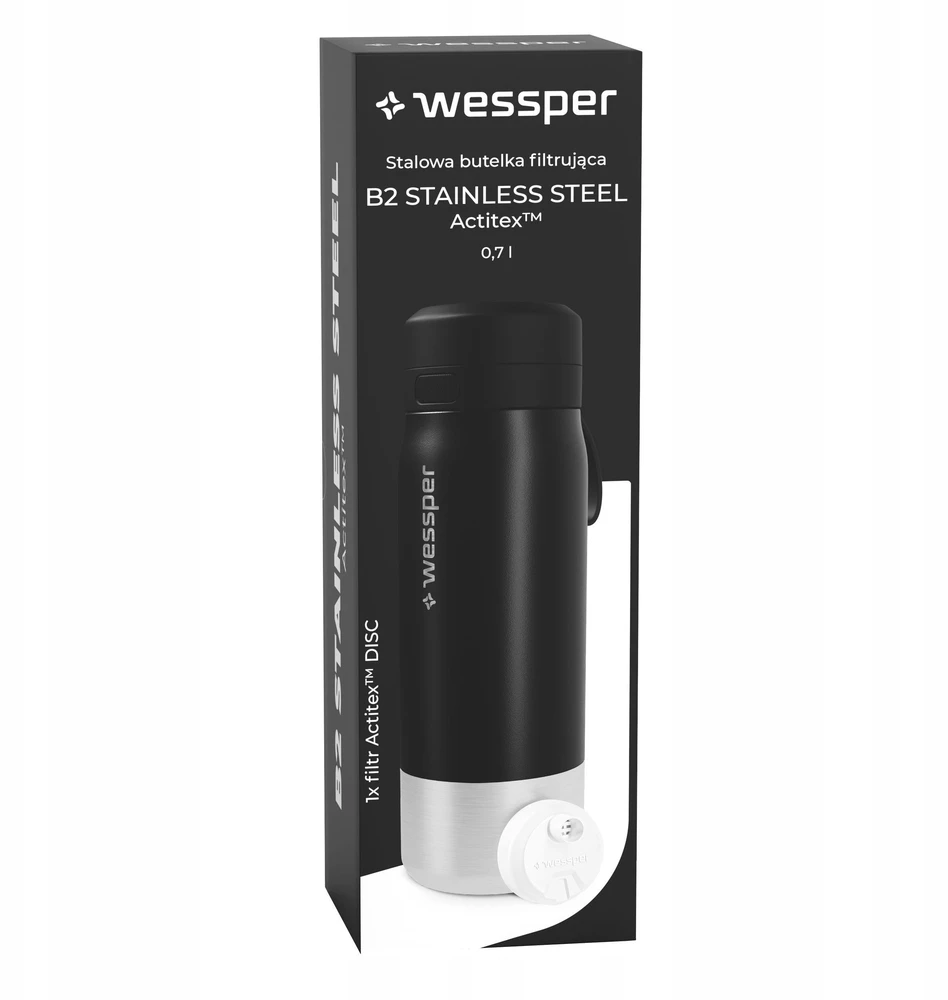 Gertuvė „Wessper B2“ nerūdijančio plieno „Actitex™“ filtro butelis, 700 ml, juodas (WES276-700-BK_K)