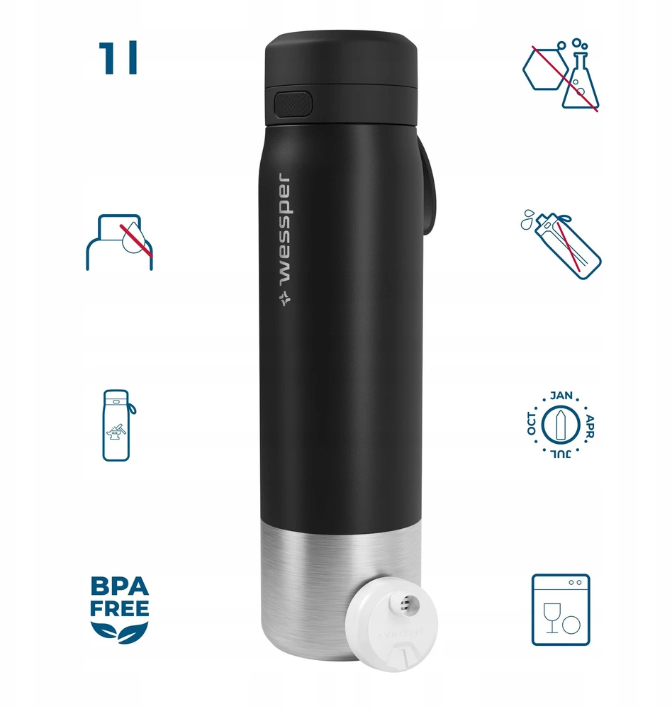 Gertuvė Wessper Filtruojantis butelis Wessper B2 STAINLESS STEEL Actitex™ 1000ml Juodas (WES276-1000-BK_K)
