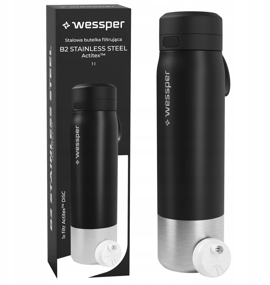 Gertuvė Wessper Filtruojantis butelis Wessper B2 STAINLESS STEEL Actitex™ 1000ml Juodas (WES276-1000-BK_K)
