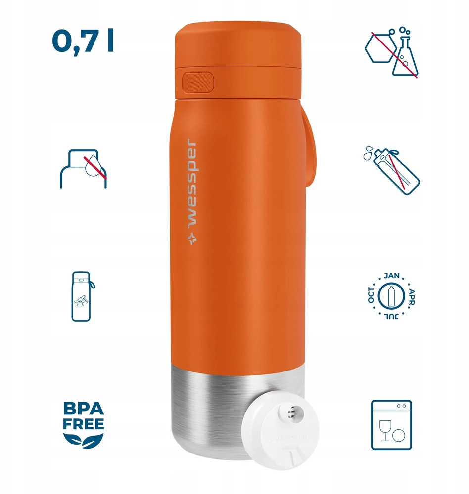 Gertuvė „Wessper B2“ nerūdijančio plieno „Actitex™“ filtro butelis, 700 ml, oranžinis (WES276-700-OR_K)