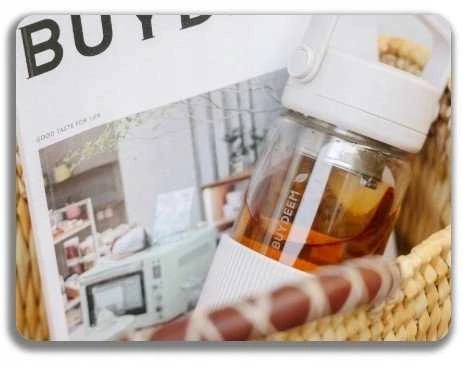 Gertuvė Mellow Yellow Mellow Geltona BUYDEEM Stiklinis butelis su arbatinuku 300ml, modelis DG42, spalva Oat Baltas