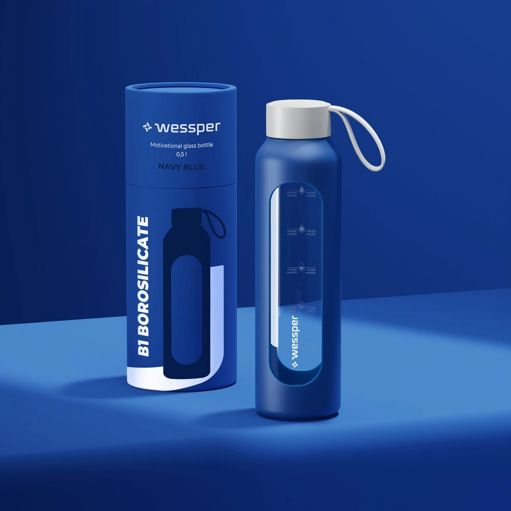 Gertuvė Wessper stiklinis butelis B1 borosilikatinis 500 ml tamsiai mėlynas (WES260-500-NB-NEW)