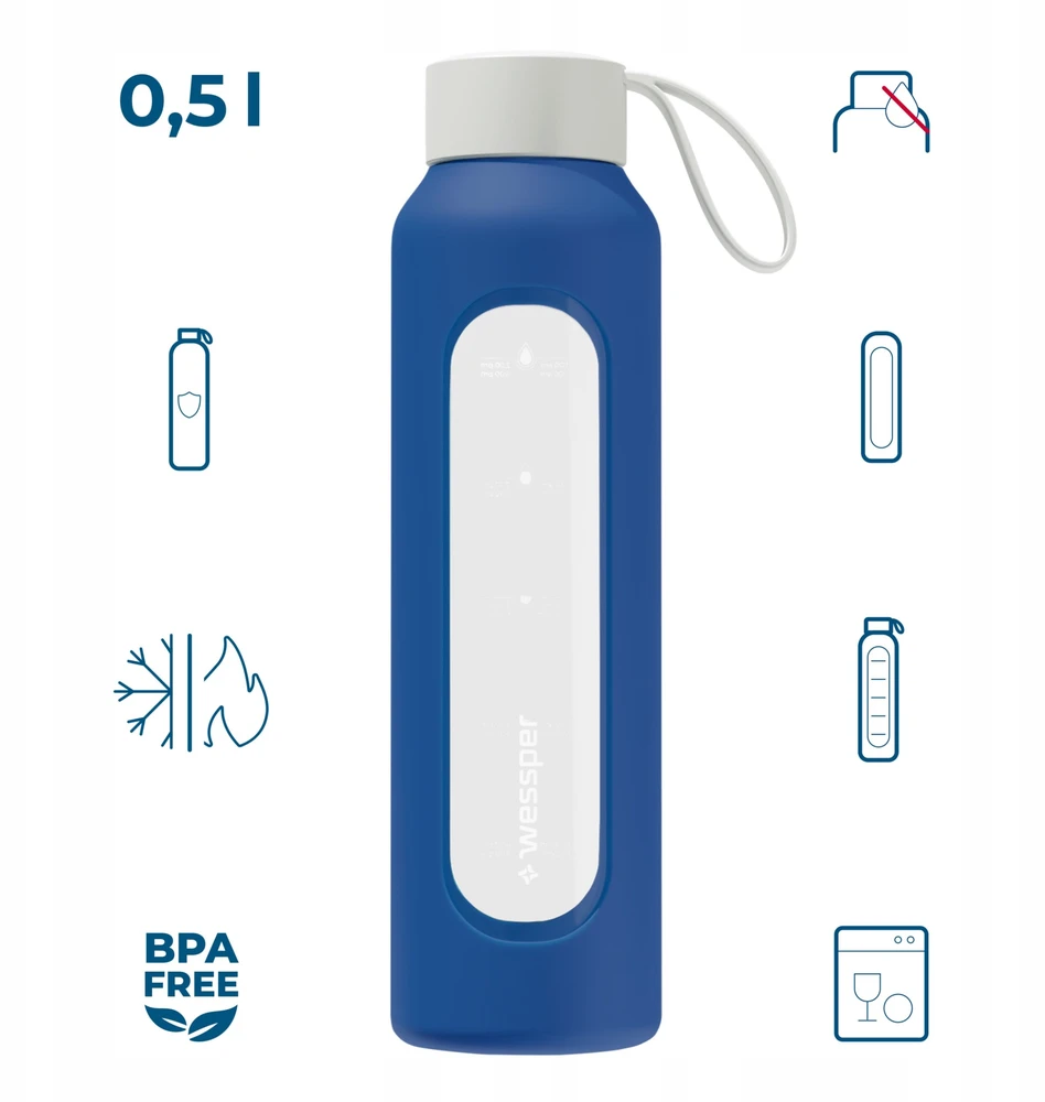 Gertuvė Wessper stiklinis butelis B1 borosilikatinis 500 ml tamsiai mėlynas (WES260-500-NB-NEW)