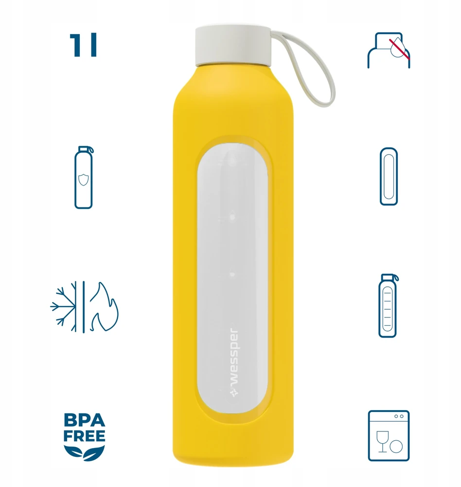Gertuvė Wessper B1 motyvacinis 1000 ml stiklinis buteliukas su matavimo taurele, skirtas fitnesui, užplombuotas