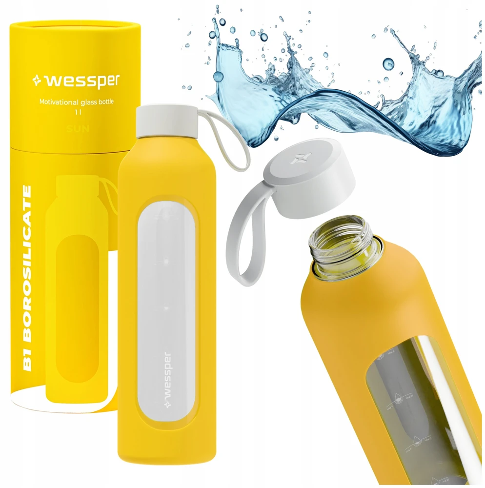 Gertuvė Wessper B1 motyvacinis 1000 ml stiklinis buteliukas su matavimo taurele, skirtas fitnesui, užplombuotas