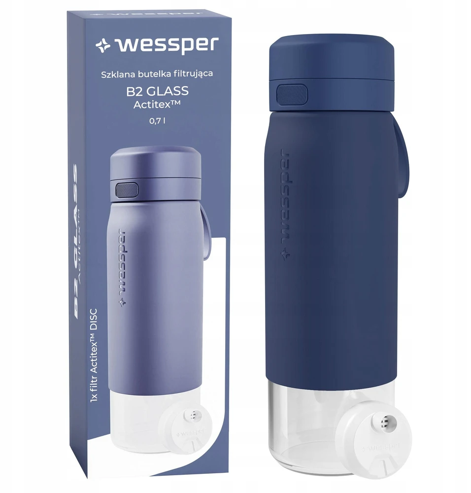 Gertuvė Wessper B2 GLASS Actitex™ filtro butelis 700 ml, mėlynas (WES270-700-BL_K)