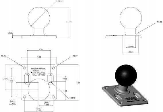 Ram Mounts Tvirtina RAM 3 5/8" SQ. 75 MIL. VESA BASE SU KAMULU