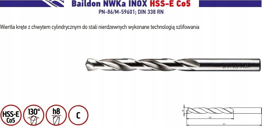 Wiertło „Baildon DIN 338 RN NWKa INOX“ 11,5 mm nerūdijančio plieno grąžtas, HSS-E Co5 (S), 142–94 mm, 5 kartotinis