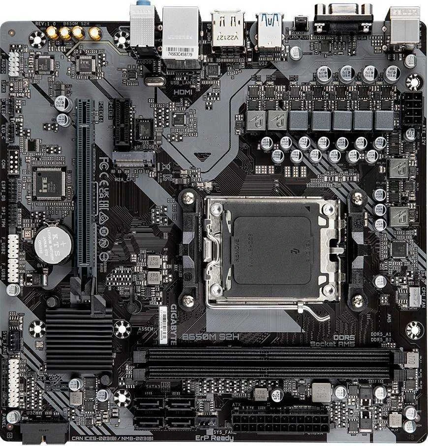 Pagrindinė plokštė „Gigabyte“ | B650M S2H 1.0 M/B | Procesorių šeima AMD | Procesoriaus lizdas AM5 | DDR5 DIMM | Atminties lizdai 2 | Palaikomos standžiojo disko sąsajos SATA | SATA jungčių skaičius 4 | Lustų rinkinys AMD B650 | Micro ATX