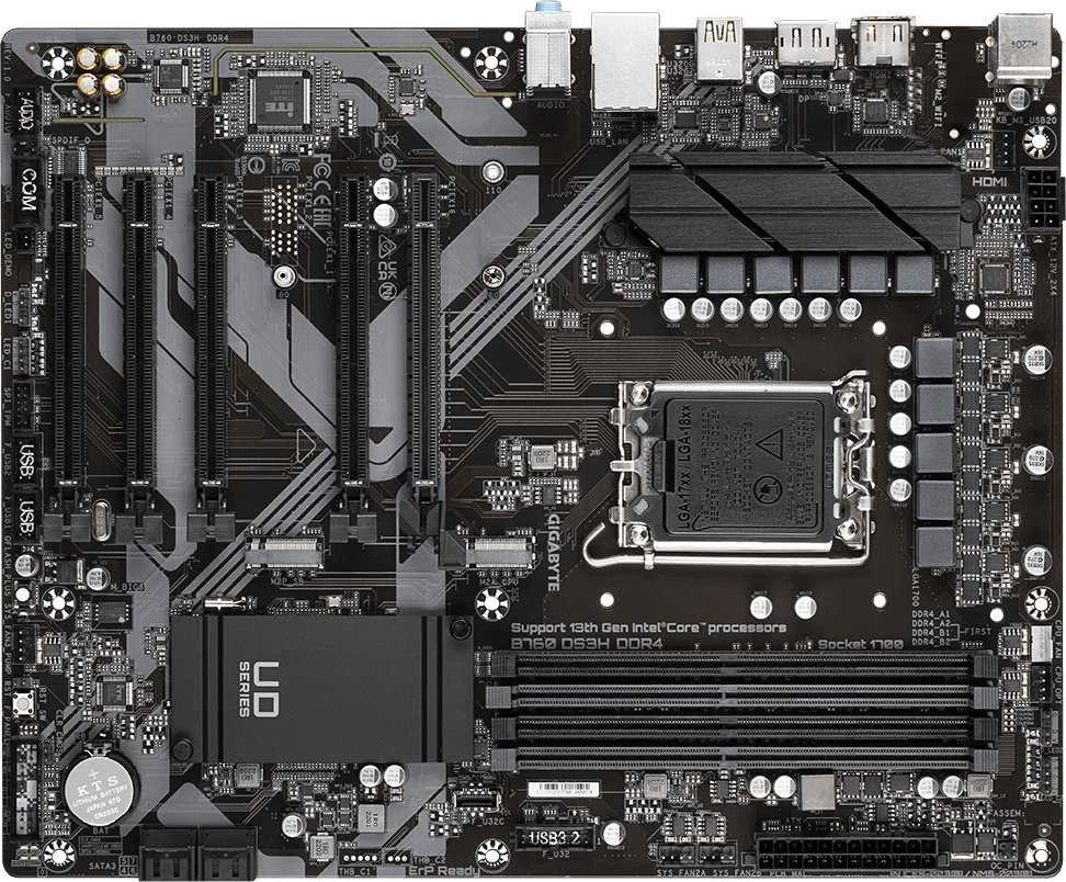 Pagrindinė plokštė Gigabyte Gigabaitas | B760 DS3H DDR4 1,0 M/B | Procesorių šeima Intel | Procesoriaus lizdas LGA1700 | DDR4 DIMM | Atminties lizdai 4 | Palaikomos standžiojo disko sąsajos SATA, M.2 | SATA jungčių skaičius 4 | Mikroschemų rinkinys Intel B760 Express | ATX