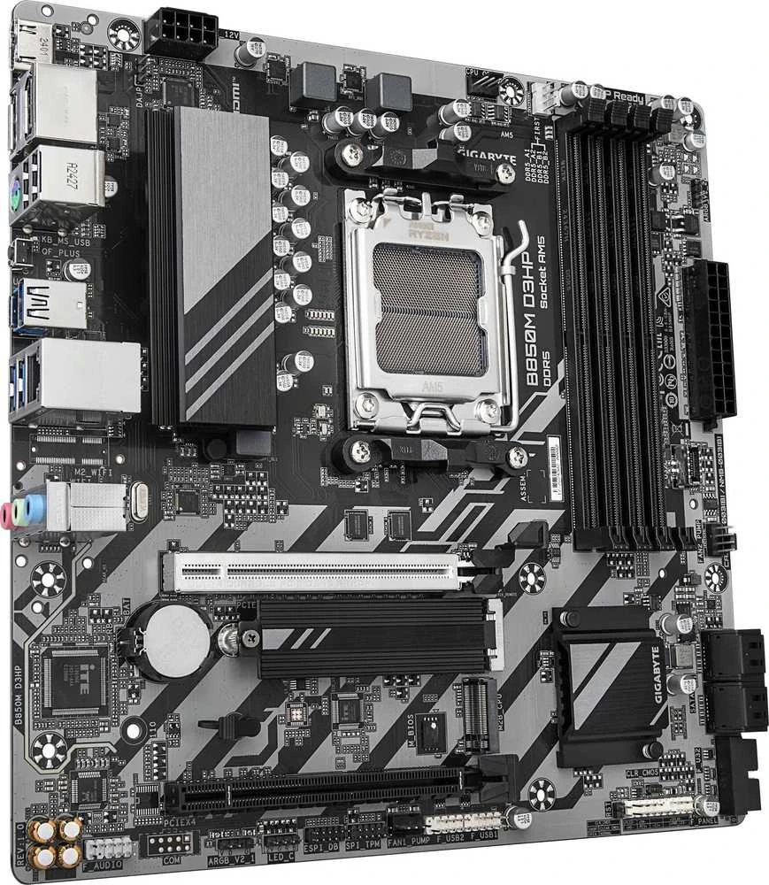 Pagrindinė plokštė GIGABYTE B850M D3HP Motherboard - AMD Ryzen 9000 Series CPUs, 5+2+2 Phases Digital VRM, iki 8200MHz DDR5 (OC), 1xPCIe 5.0 + 1xPCIe 4.0 M.2, GbE LAN, USB 3.2 Gen 2