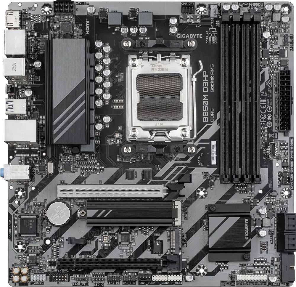 Pagrindinė plokštė GIGABYTE B850M D3HP Motherboard - AMD Ryzen 9000 Series CPUs, 5+2+2 Phases Digital VRM, iki 8200MHz DDR5 (OC), 1xPCIe 5.0 + 1xPCIe 4.0 M.2, GbE LAN, USB 3.2 Gen 2