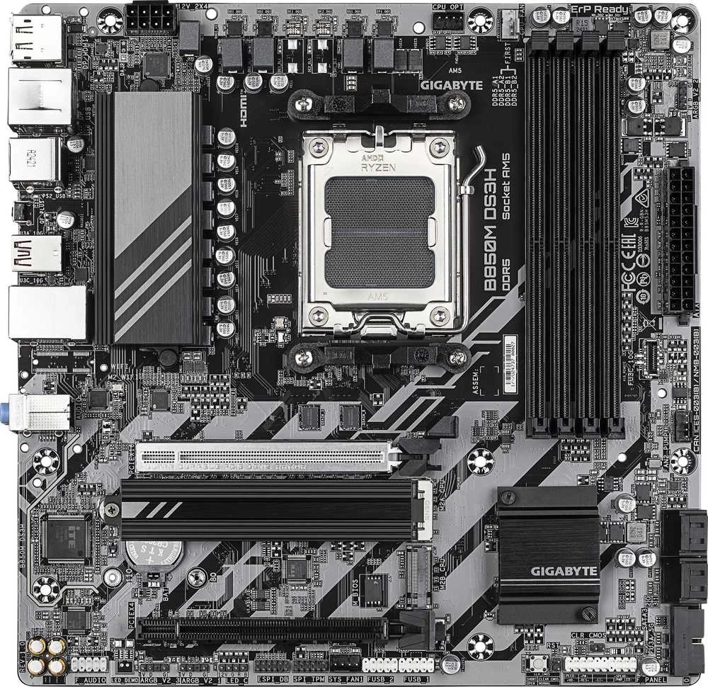 Pagrindinė plokštė GIGABYTE B850M DS3H Motherboard - AMD Ryzen 9000 Series CPUs, 16+2+2 Phases Digital VRM, iki 8200MHz DDR5 (OC), 1xPCIe 5.0 + 1xPCIe 4.0 M.2, 2.5 LAN, USB 3.2 Gen 2