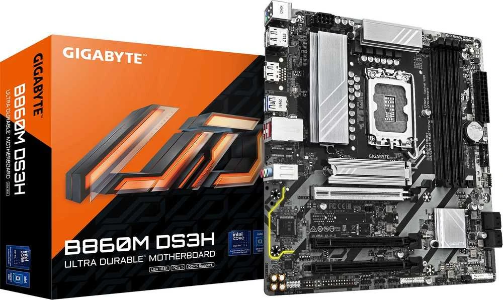 GIGABYTE B860M DS3H pagrindinė plokštė – Intel Core Ultra serijos procesoriai, 5+1+2+1 fazių VRM, iki 9066MHz DDR5, 1xPCIe 5.0 + 1xPCIe 4.0 M.2, 2.5GbE LAN, USB 3.2 Gen2