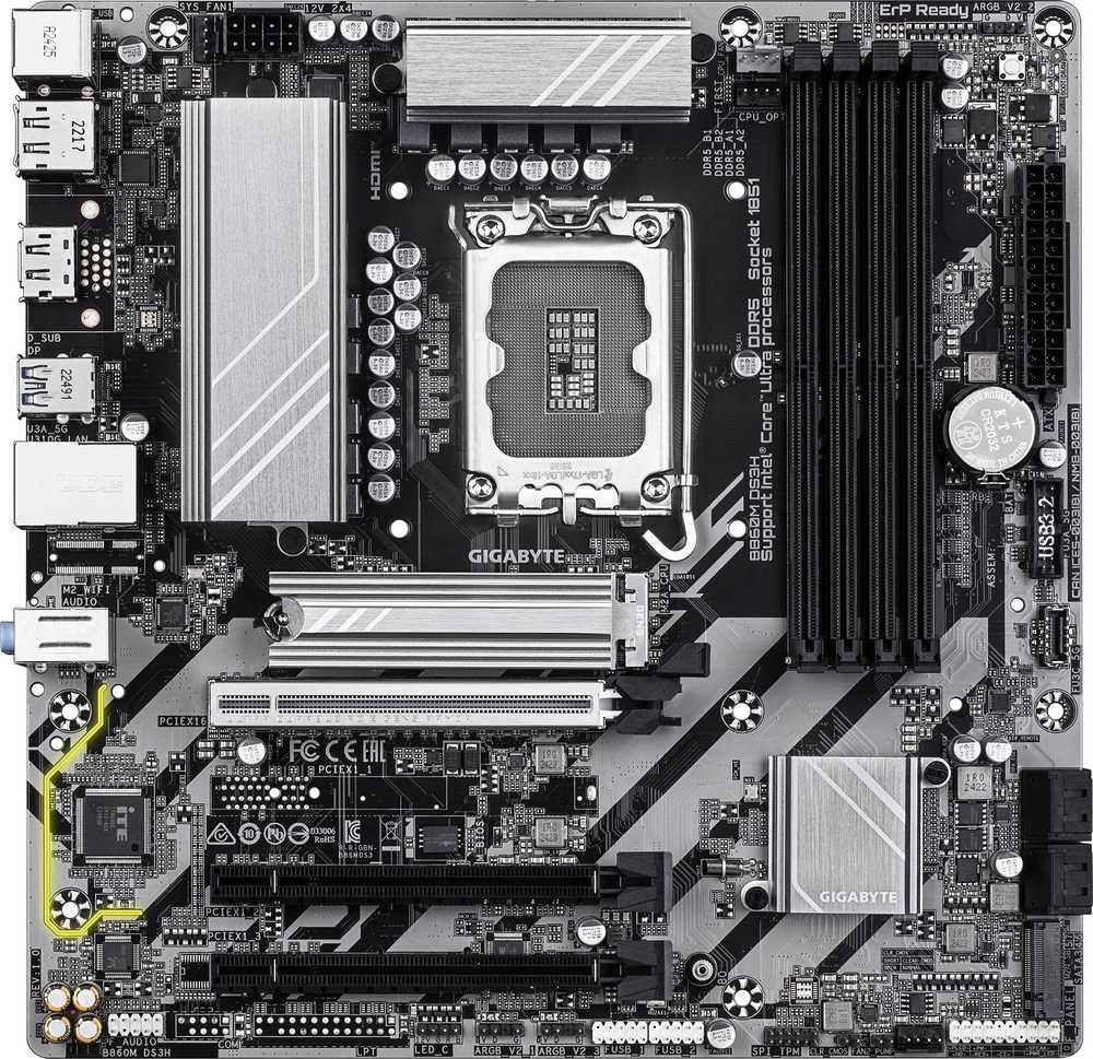 GIGABYTE B860M DS3H pagrindinė plokštė – Intel Core Ultra serijos procesoriai, 5+1+2+1 fazių VRM, iki 9066MHz DDR5, 1xPCIe 5.0 + 1xPCIe 4.0 M.2, 2.5GbE LAN, USB 3.2 Gen2