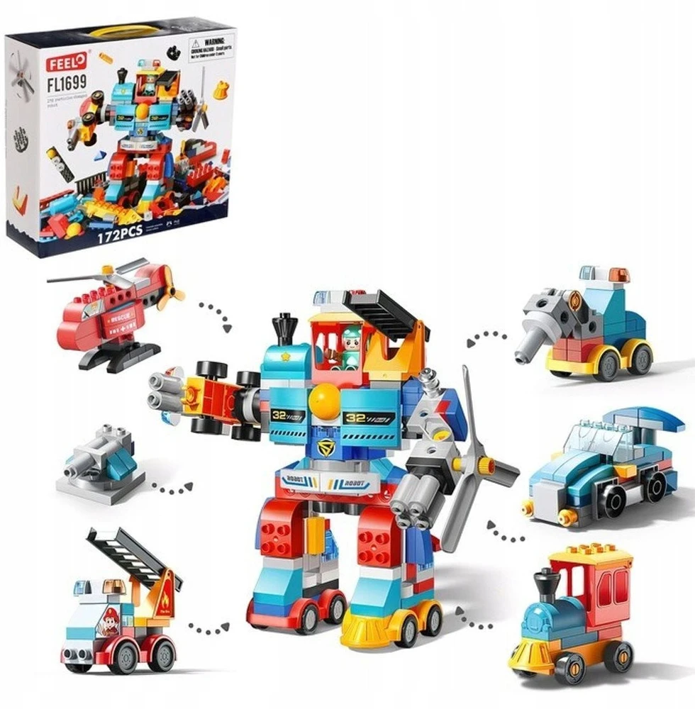 Gigo Bounn 7in1 KONSTRUKCINIAI BLAKAI STATYTI ROBOTAMS, STATYBINĖMS TRANSPORTO PRIEMONĖMS, 172 ELEMENTAI.
