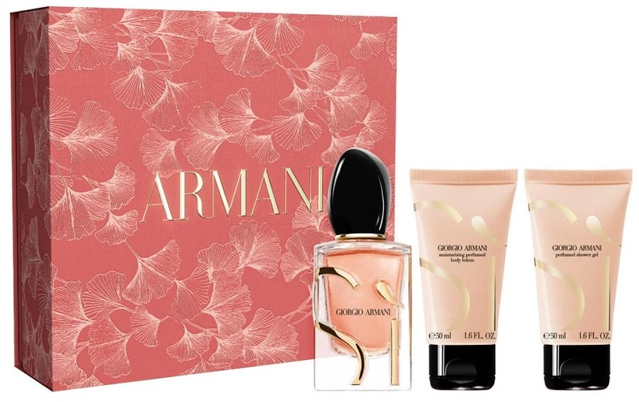 „Armani Si Intense“ komplektas su kvepalais (eau de parfum), 50 ml, kūno losjonu (50 ml), dušo žele (50 ml).