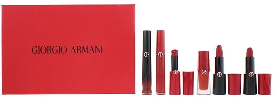 Giorgio Armani rinkinys: Rouge d'Armani Matte kreminis lūpų dažas 400 Four Hundred, 4 g + Lip Maestro skysti lūpų dažai 400, 6.5 ml + Lip Magnet skysti lūpų dažai 400, 3.9 ml + Ecstasy Lacquer blizgūs lūpų blizgiai 400, 3 ml + Rouge d'Armani kreminis lūpų dažas 400, 4 g