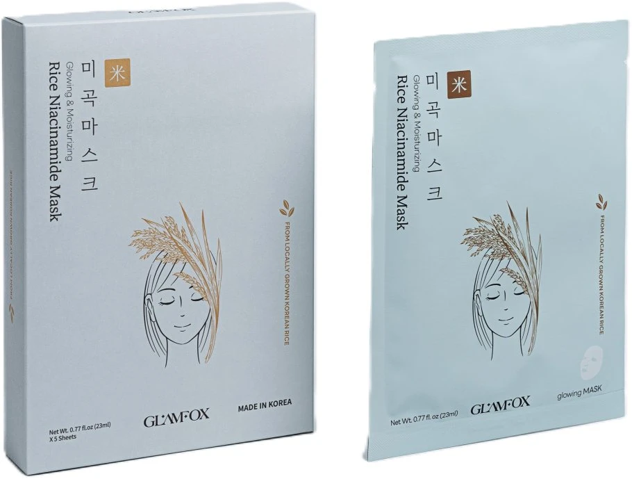 Glamfox Rice Niacinamide Drėkinamoji audinio kaukė veidui, 23 ml