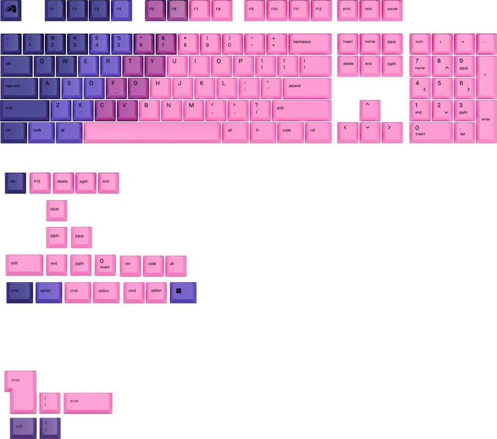 Klaviatūra Glorious GPBT Gradient Keycaps, ANSI išdėstymas US, PBT, Dye-Sub – Nebula
