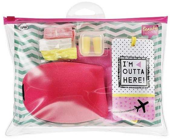 Inflight Essential Kit rinkinys Beauty Junky: Beauty Junky plaukų gumytė, 3 vnt. + Beauty Junky putų ausų kištukai + Beauty Junky lagaminas