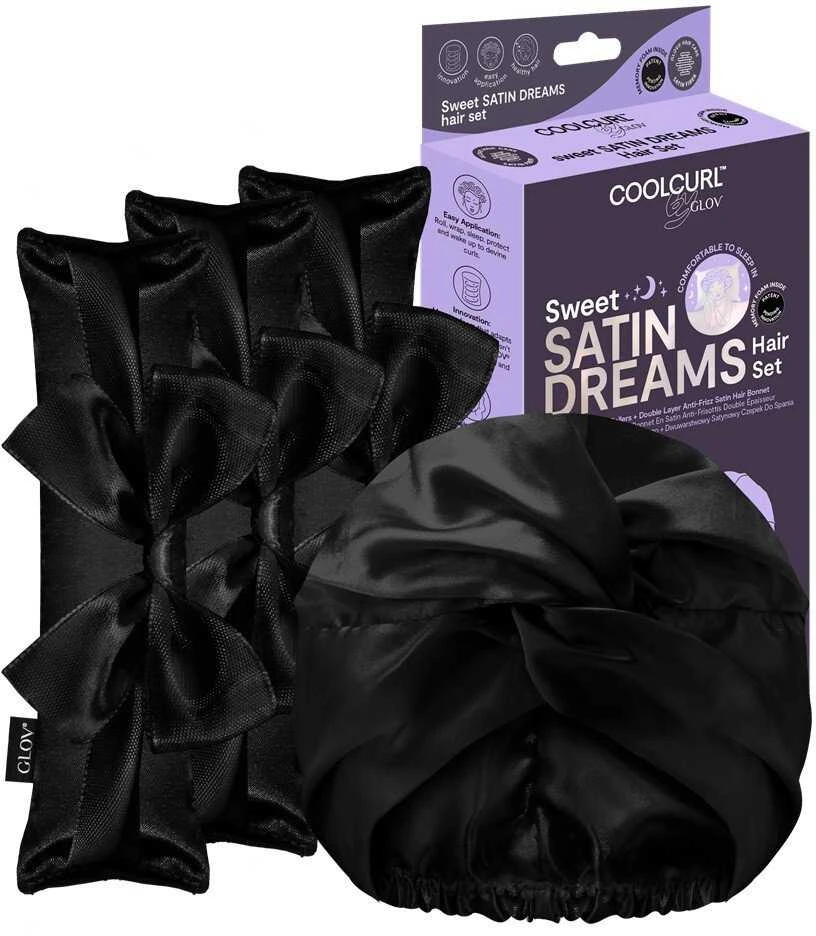 Glov „Sweet Satin Dreams“ rinkinys, kurį sudaro 3 šalto garbanojimo suktukai + 1 dvisluoksnė atlasinė miego kepuraitė, juoda