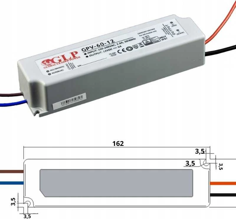 GLP 60W LED maitinimo šaltinis, 24V, 2,5A, IP67