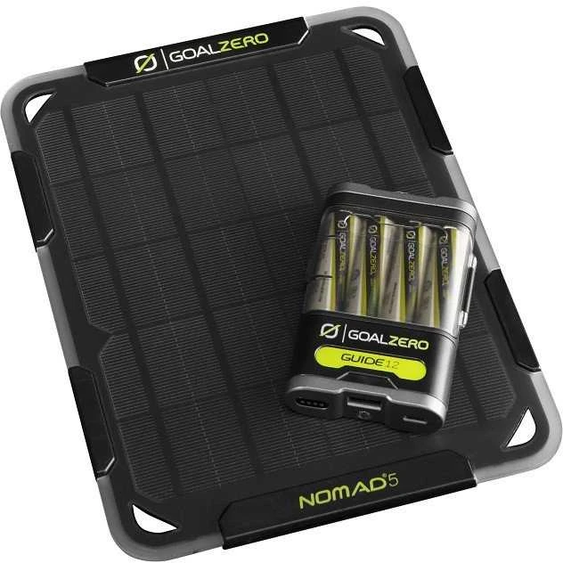 Goalzero „Goal Zero GUIDE 12“ + „NOMAD 5“, juoda, žalia, skaitmeninis fotoaparatas, žibintuvėlis, mobilusis telefonas / išmanusis telefonas, planšetinis kompiuteris, CE, FCC, nikelio-metalo hidrido (NiMH), 2500 mAh, saulės energija varomas, USB