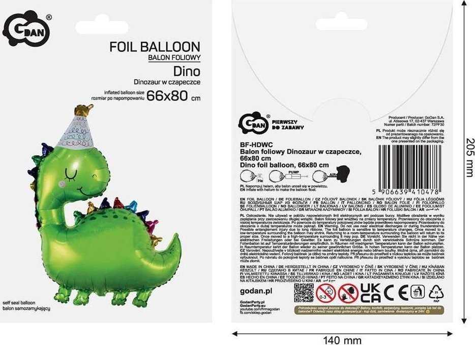 GoDan Folijos balionas Dinozauras kepurėje 36cm