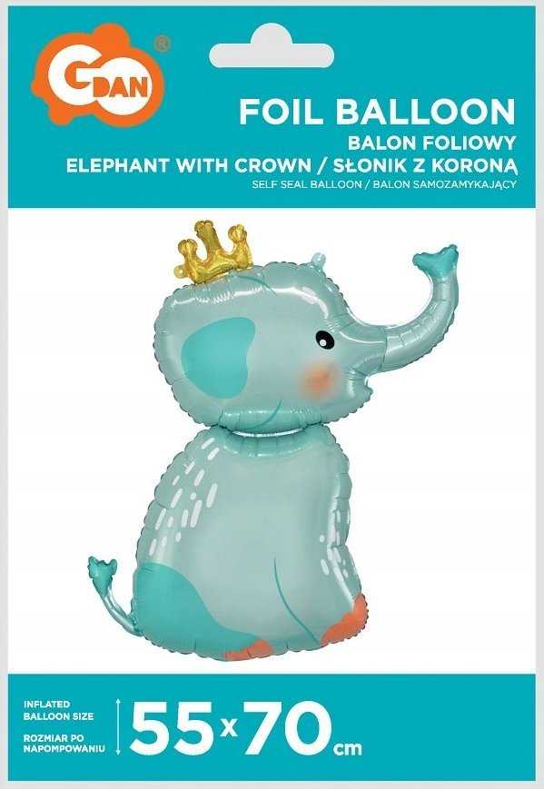 GoDan Foil balionas Elephant su karūna, 55x70 cm