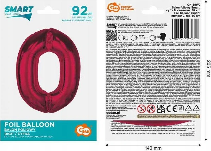 GoDan Foil balionas numeris 0 raudonas Smart 92cm