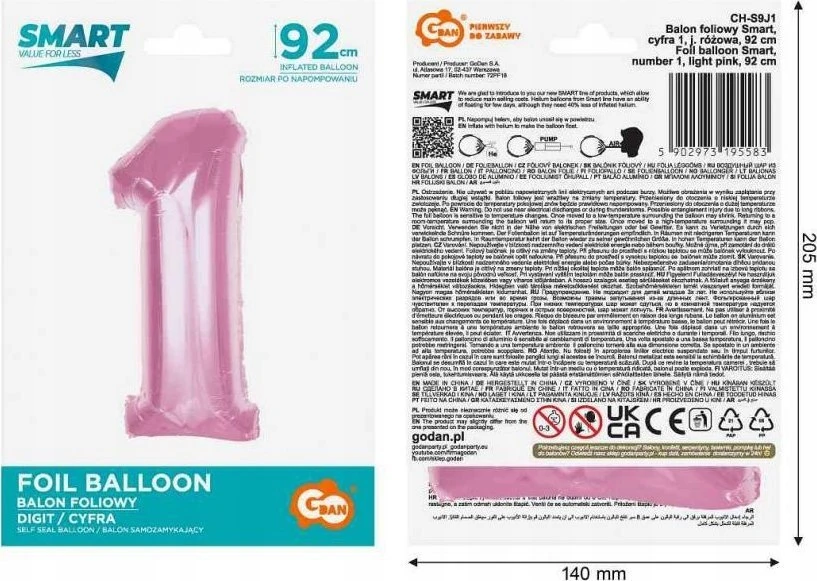 GoDan Foil balionas numeris 1 šviesiai rožinis Smart 92cm
