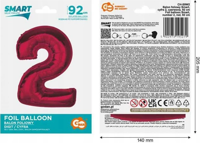 GoDan Foil balionas numeris 2 raudonas Smart 92cm