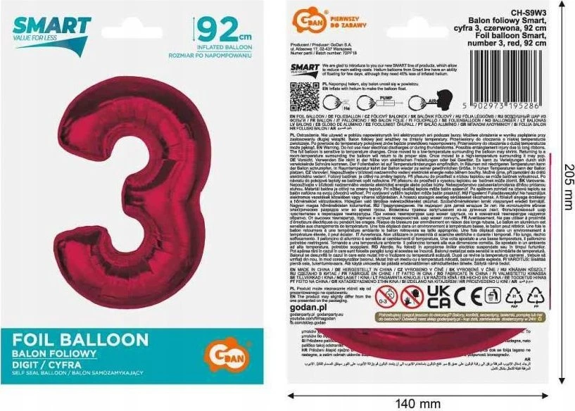 GoDan Foil balionas numeris 3 raudonas Smart 92cm