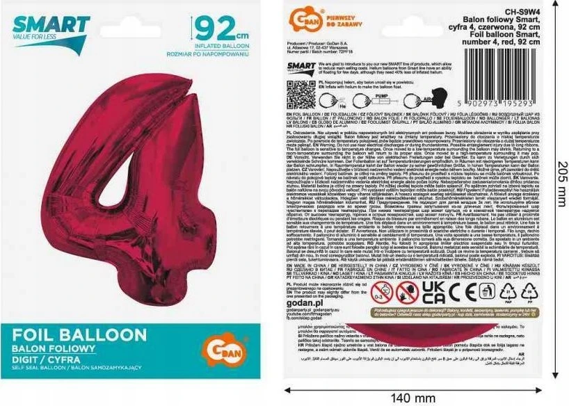 GoDan Foil balionas numeris 4 raudonas Smart 92cm