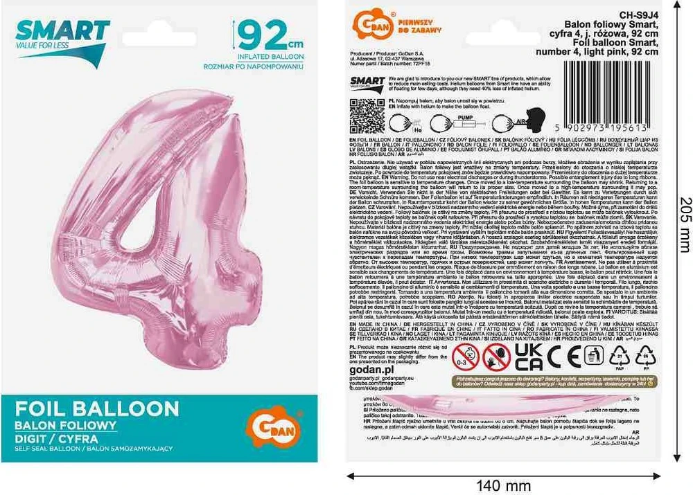 GoDan Foil balionas numeris 4 šviesiai rožinis Smart 92cm