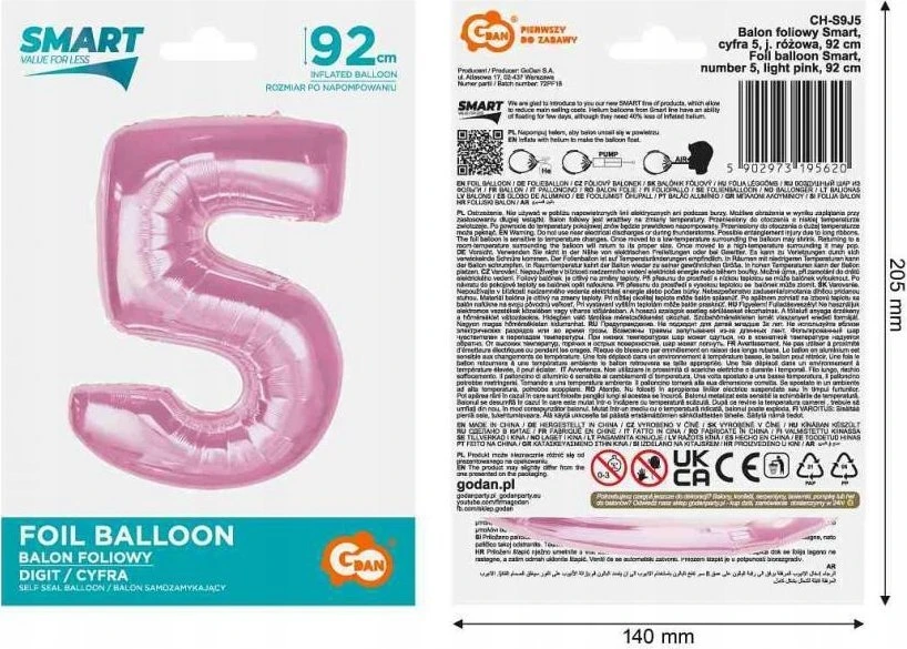 GoDan Foil balionas numeris 5 šviesiai rožinis Smart 92cm